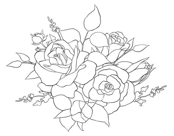 Ilustración floral de una composición de rosas y hojas. Ilustración de contorno dibujado a mano para decoración, decoración, postales, libros, páginas para colorear, etc.. — Foto de Stock