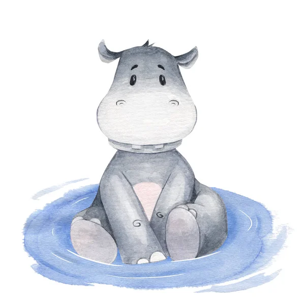 Cute hippo sitting in a pond. Hand-drawn watercolor illustration. Great for postcards, stickers, books, notebooks, textiles, fabrics, clothing, and more.