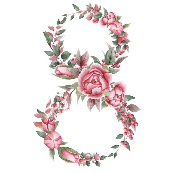 International Women's Day. Spring illustration of number 8 for womens day from pink flowers and leaves. Great for postcards, greetings, invitations, gifts, booklets, brochures, etc.