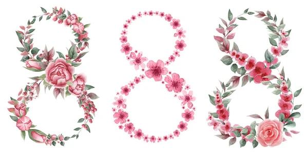 Zestaw Wiosennych Ilustracji Międzynarodowy Dzień Kobiet Numer Ozdobiony Delikatnymi Różowymi — Zdjęcie stockowe