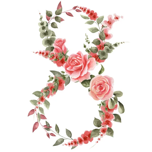 Numer Osiem Odizolowany Białym Tle Ozdobiony Wiosennymi Kwiatami Różami Czerwonymi — Zdjęcie stockowe
