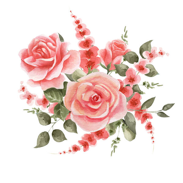 Spring flower arrangement of roses, red flowers and green leaves. Suitable for postcards, decoration, decor, designs, prints, invitations, and more