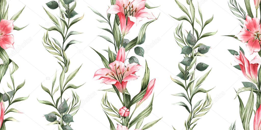 Spring pattern with pink lilies and green leaves arranged in vertical stripes. Hand drawn watercolor pattern. Great for wall papers, textiles, decor, fabrics, curtains, prints, postcards, and more