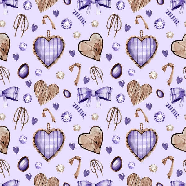 Watercolor pattern with hearts made of wood and fabric. Vintage pattern in purple shades. Suitable for textiles, dough, gifts, wrapping paper, etc.