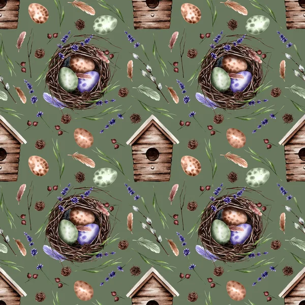 Seamless pattern with bird\'s nest and eggs for Easter on a green background. Branches, feathers, birdhouse nest, lavander. Spring texture suitable for fabric, textile, decor