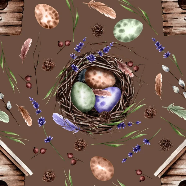 茶色の背景に鳥の巣とイースターのための卵とシームレスなパターン 鳥の巣 ラベンダー ファブリック 装飾に適した春のテクスチャ — ストック写真