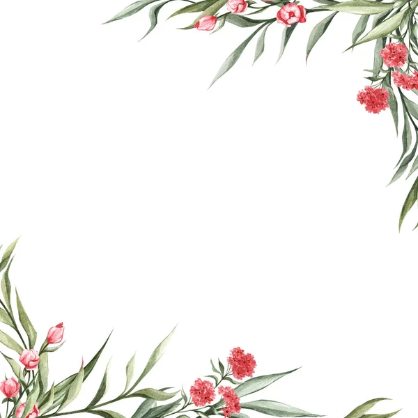 Floraler Rahmen mit zartrosa Blüten und grünen Blättern. Aquarell-Hintergrund für die Gestaltung von Einladungen, Broschüren, Bannern, Postern, Karten usw.. — Stockfoto