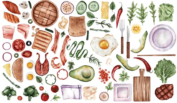 水彩画風の便利な商品のセット。魚の肉、野菜、パン、ベーコン、トマト、ピーマン。ステッカー、メニュー、プリントなどの健康食品のセット. — ストック写真