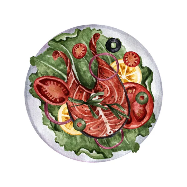 Watercolor illustration of a restaurant dish. Red fish steak with vegetables and lemon on a plate. Great for restaurants, cafes, bars, menu design, stickers, and more