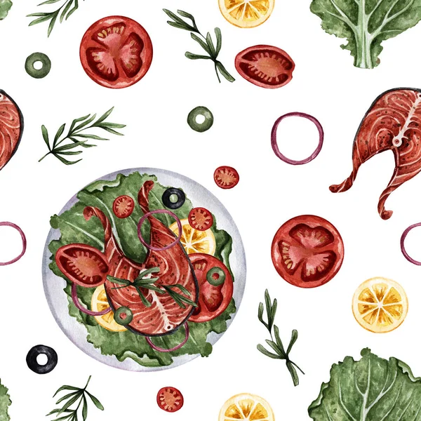 Modello senza cuciture con pesce rosso e verdure. Pomodoro, insalata, cipolla, limone. Texture per la progettazione di caffè, bar, ristoranti, cucine. — Foto Stock