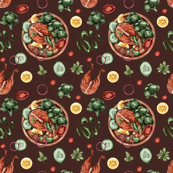 Seamless Pattern Red Fish Vegetables Cucumber Broccoli Onion Lemon Texture — Stock Photo, Image