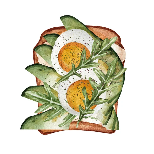 アボカドの卵とハーブでトーストを揚げ 朝食の水彩画のイラスト レストラン バーなどのメニューに適しています — ストック写真