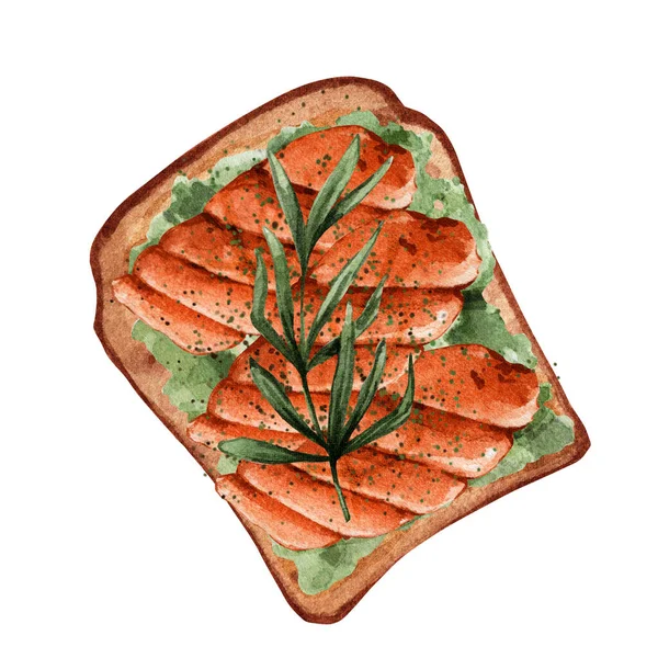 アボカドペーストを使った水彩風の赤魚サンド ヘルシーな朝食イラスト — ストック写真