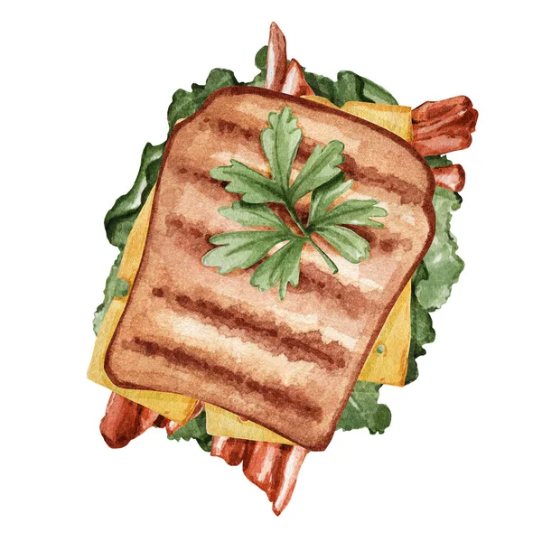 Fried toast with bacon, cheese and herbs. Fast breakfast watercolor illustration. Suitable for decoration, menus of restaurants, bars, etc.