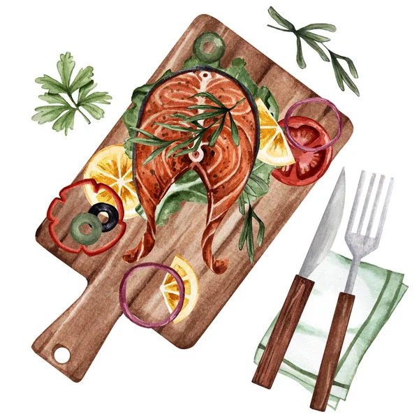 レモン トマト ハーブと魚のステーキの水彩イラスト 健康的な食事のための健康的な夕食 美しい食べ物 レストラン料理 レストラン カフェ メニューなどの装飾に適しています — ストック写真