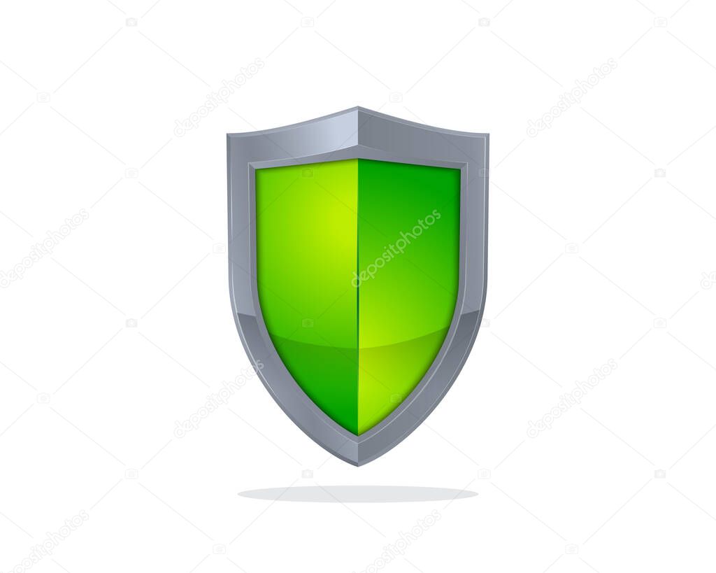 Green and Silver metallic shiny shield vector icon isolated on white background
