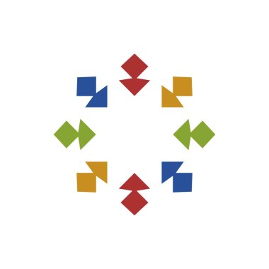 Mozaik Kutu logo tasarım şablonu. Bulmaca tarzında renkli vektör geometrik logoti çizimi. Grafik eşkenar dörtgen simge etiketi. Arka planda modern soyut kare sembolü izole edilmiş