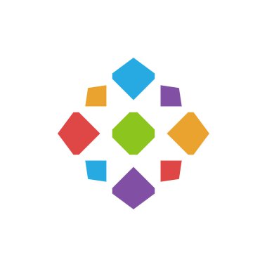 Mozaik Kutu logo tasarım şablonu. Bulmaca tarzında renkli vektör geometrik logoti çizimi. Grafik eşkenar dörtgen simge etiketi. Arka planda modern soyut kare sembolü izole edilmiş