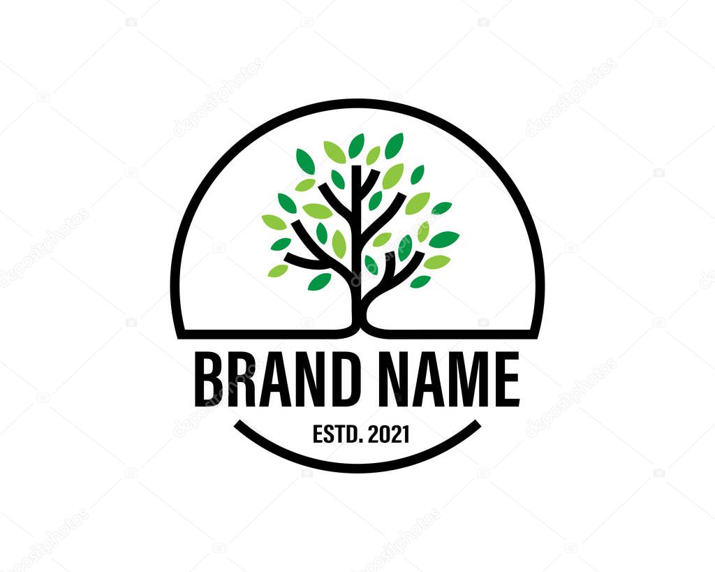 Tree logo icon template design. Garden plant natural line symbol. Black branch with leaves business sign. Vector illustration.