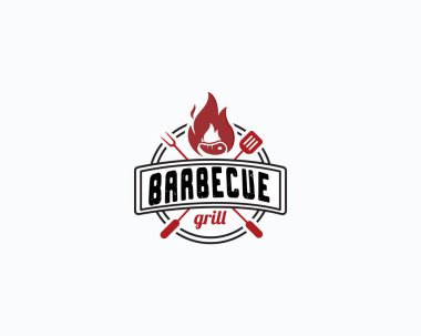 Barbekü logosu, bbq logotype ve ateş konsepti ile spatula karışımı.