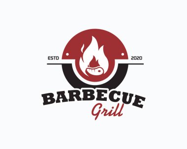 Barbekü logosu, bbq logotype ve ateş konsepti ile et karışımı.