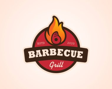 Barbekü logosu, bbq logotype ve ateş konsepti ile spatula karışımı.