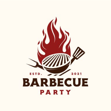Barbekü logosu ve spatulayla birleştirilmiş ateş konsepti.