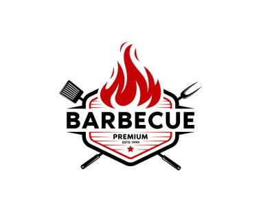 Barbekü restoranı - Barbekü, Izgara ve Barın logo ikonu, ateş, ızgara çatal ve spatula. Mangal logosu şablonu. Vektör illüstrasyonu