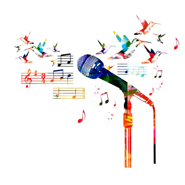 Micrófono colorido con colibríes — Vector de stock