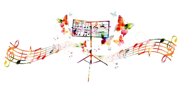 Soporte de música colorida con mariposas — Vector de stock