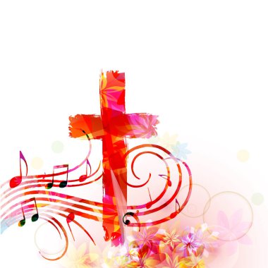 Renkli Hristiyan haçı ve notaları izole edilmiş vektör çizimi. Din temalı arka plan. Kilise müziği, koro müziği, konser, festival, Hıristiyanlık, dua için tasarım
