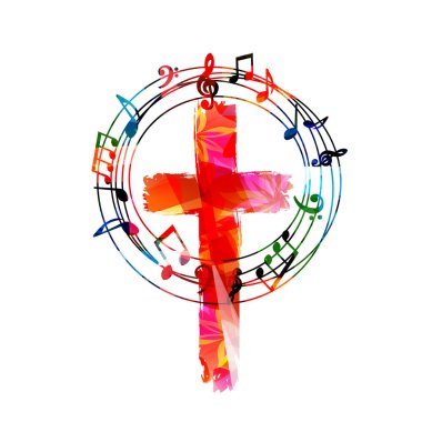 Renkli Hristiyan haçı ve notaları izole edilmiş vektör çizimi. Din temalı arka plan. Kilise müziği, koro müziği, konser, festival, Hıristiyanlık, dua için tasarım