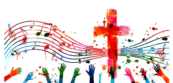 Cruzamento Cristão Colorido Com Notas Musicais Mãos Ilustração Vetorial Isolado —  Vetores de Stock