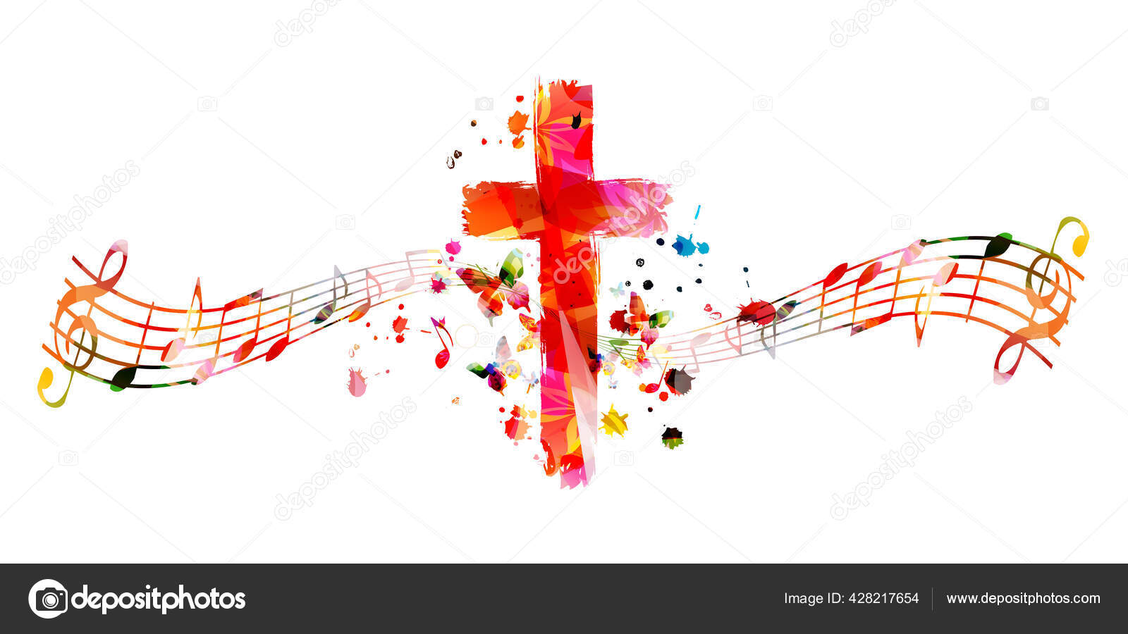 Colorful Christian Cross Music Notes Isolated Vector Illustration
