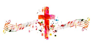 Renkli Hristiyan haçı ve notaları izole edilmiş vektör çizimi. Din temalı arka plan. Kilise müziği, koro müziği, konser, festival, Hıristiyanlık, dua için tasarım