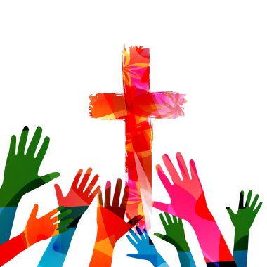 Colorful christian cross with human hands isolated vector illustration. Religion themed background. Design for Christianity, church charity, help and support, prayer and care clipart