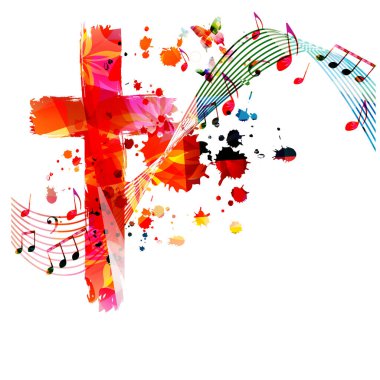 Renkli Hristiyan haçı ve notaları izole edilmiş vektör çizimi. Din temalı arka plan. Kilise müziği, koro müziği, konser, festival, Hıristiyanlık, dua için tasarım