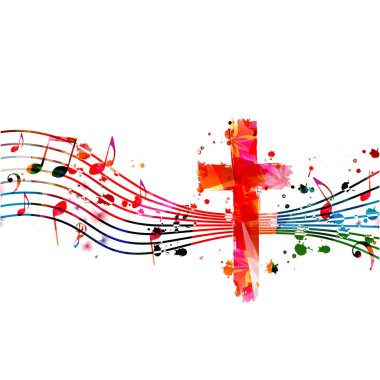 Renkli Hristiyan haçı ve notaları izole edilmiş vektör çizimi. Din temalı arka plan. Kilise müziği, koro müziği, konser, festival, Hıristiyanlık, dua için tasarım