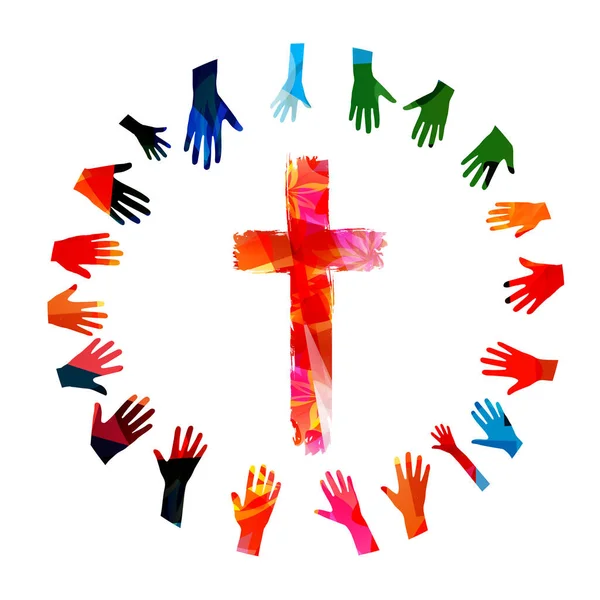 Colorata Croce Cristiana Con Mani Umane Isolato Illustrazione Vettoriale Religione — Vettoriale Stock