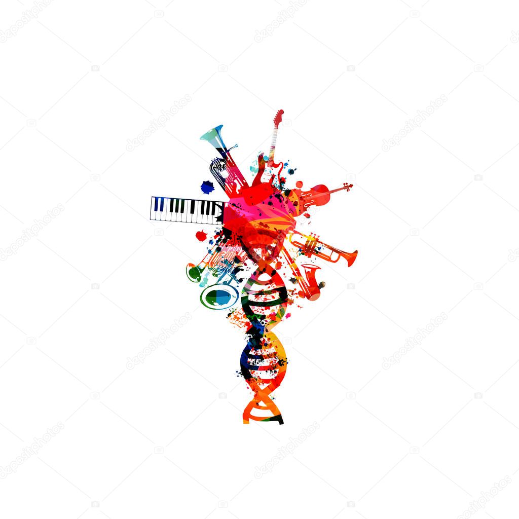 Colorful human DNA double helix with musical instruments isolated. Creative music concept with sax, trumpet, violoncello, guitar, euphonium, double bell euphonium, piano keyboard vector illustration