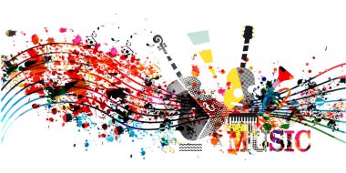 Soyut renkli müzik enstrümanları ve izole notaları. Yaratıcı yazma, müzik besteleme, eğitim konsepti vektör çizimi