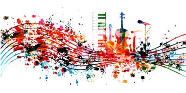 Soyut renkli müzik enstrümanları ve izole notaları. Yaratıcı yazma, müzik besteleme, eğitim konsepti vektör çizimi