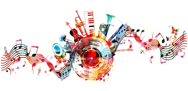 Cartel Promocional Musical Colorido Con Instrumentos Musicales Notas Ilustración Vectorial — Vector de stock