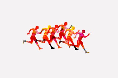Koşan insanlar, maraton yarışı poster illüstrasyonu. Aktif insanlar, fitness eğitimi, pankart için spor eğitimi tasarımı, etkinlik tanıtım materyali, broşür