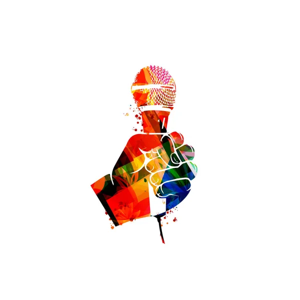 Cartel Promocional Musical Colorido Con Micrófono Mano Ilustración Vectorial Aislada — Vector de stock