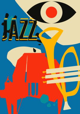 Müzik enstrümanları renkli vektör resimli müzikal promosyon posteri. Piyano ve trompet konser etkinlikleri, caz müzik festivalleri ve gösteriler, parti broşürleri