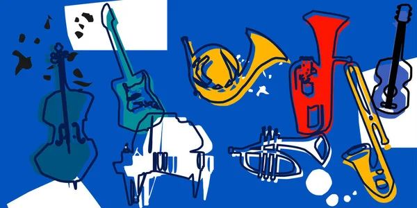 Музичний Рекламний Плакат Кольорами Музичних Інструментів Violoncello Piano Euphonium Trumpet — стоковий вектор