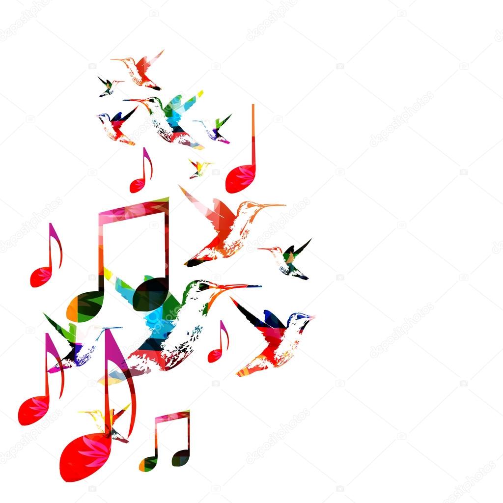 Colorful music background with hummingbirds