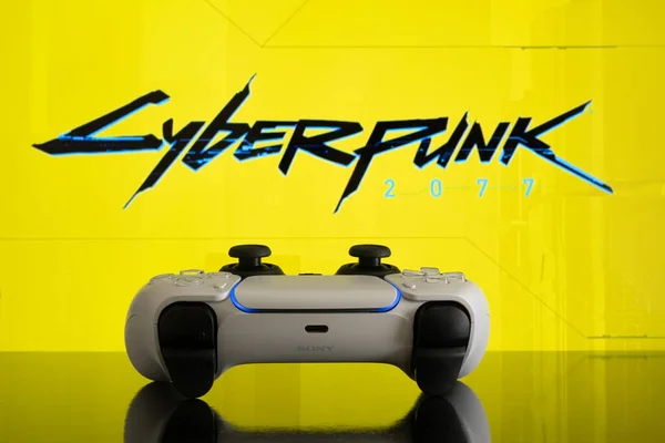 Playstation Controlador Com Logotipo Cyberpunk 2077 Tela Foco Seletivo Nov — Fotografia de Stock