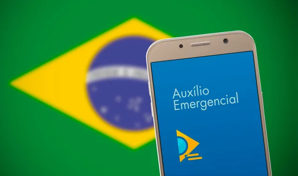 Aiuto Emergenza Brasiliano Sullo Schermo Dello Smartphone Auxilio Emergencial Maggio — Foto Stock